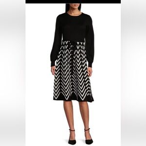 Jessica Howard Black and White Chevron Long Sleeve Dress